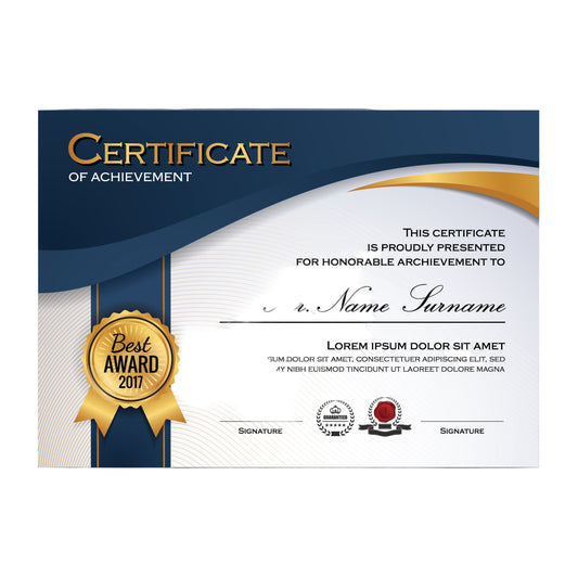 Custom school certificate design featuring logo and gold border
