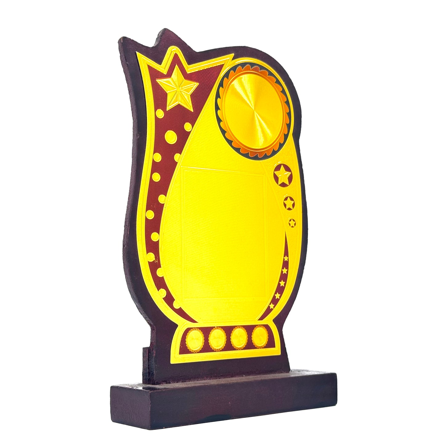 Custom gold and maroon star trophy for awards and recognition