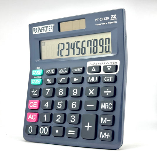 Large display office calculator with solar and battery power