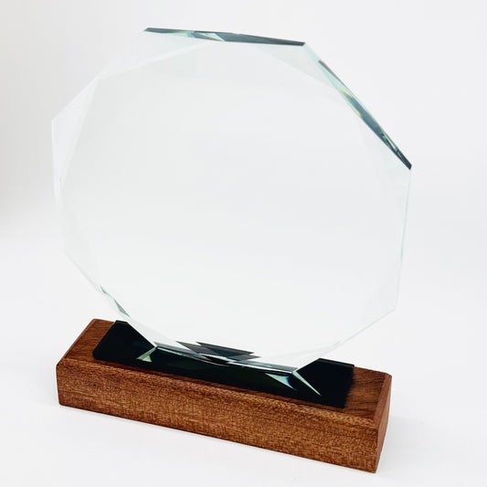 Premium Octagon Glass Trophy on Wooden Base