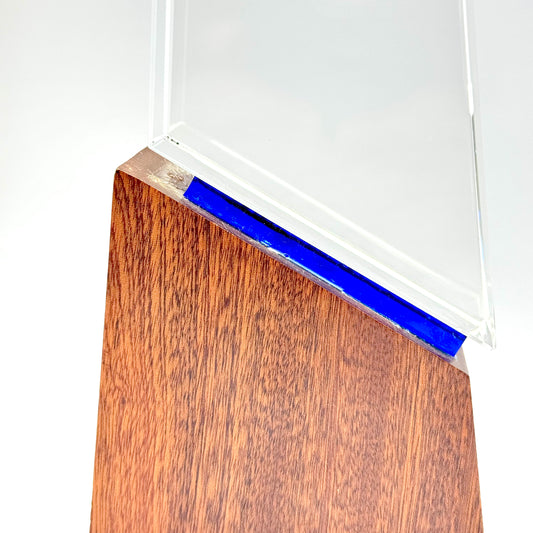 Modern Rectangle Glass Award with Blue Edge and Wooden Base