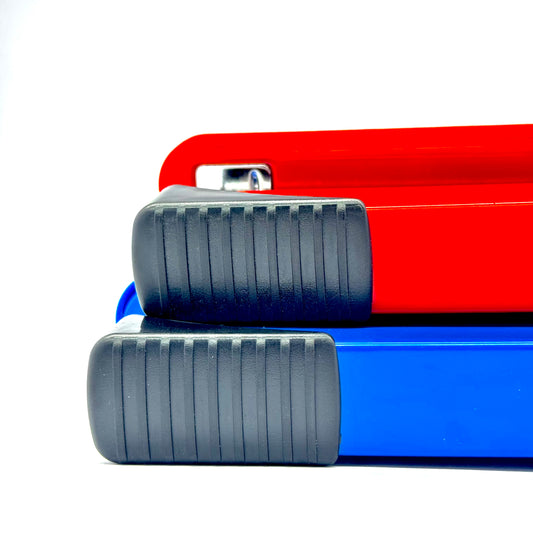 Side view of ergonomic red stapler