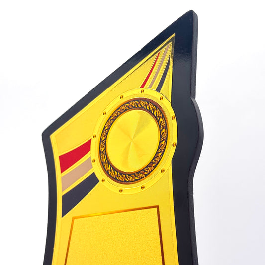 Angled trophy plaque with gold shimmer and logo space