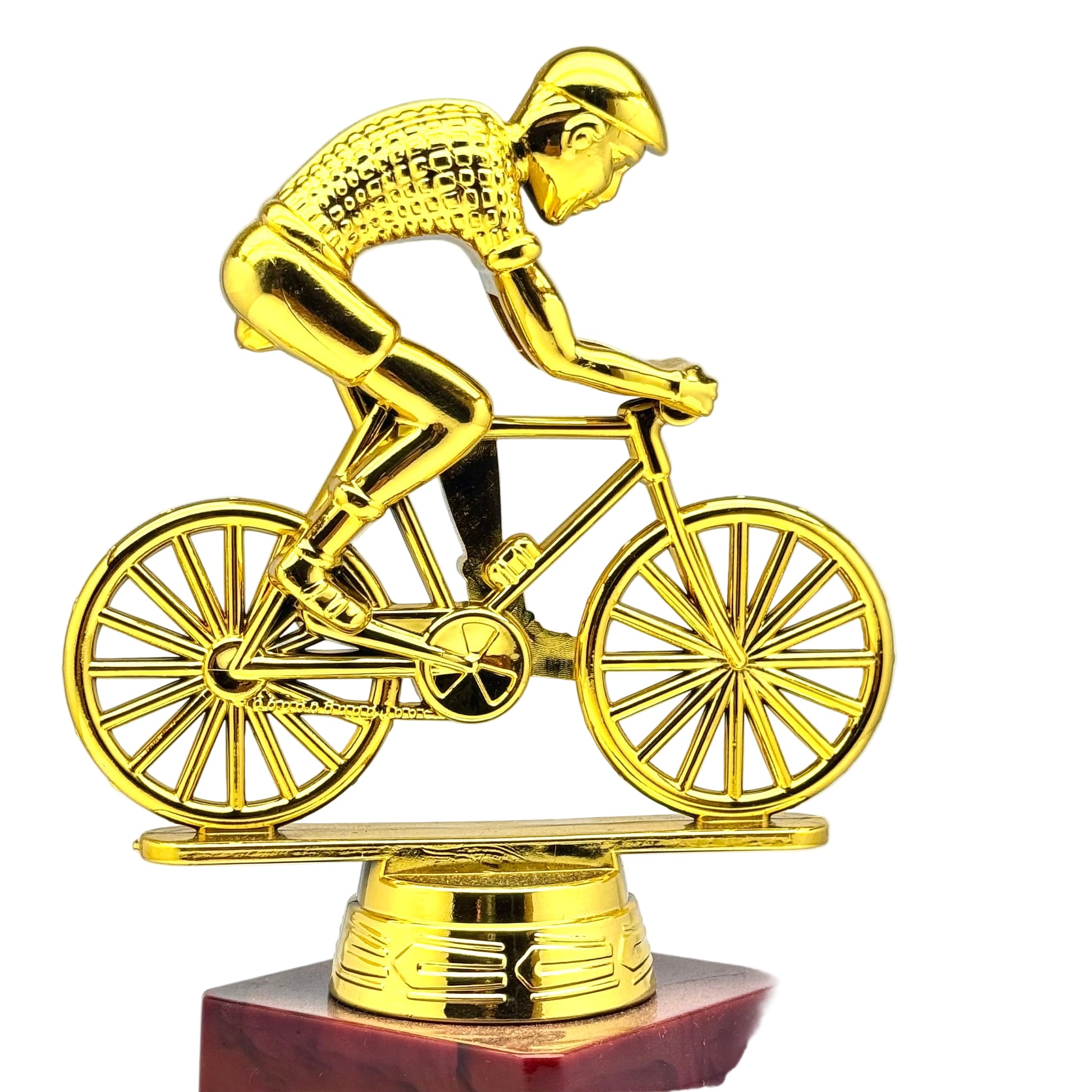 Golden cyclist trophy on wooden base for cycling competitions and sports awards