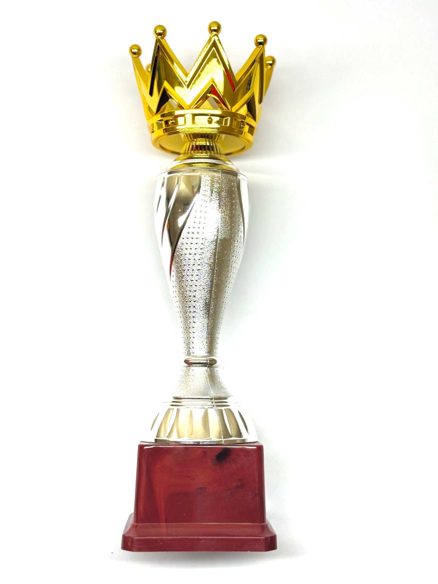 Elegant award trophy featuring gold crown topper and shiny silver body