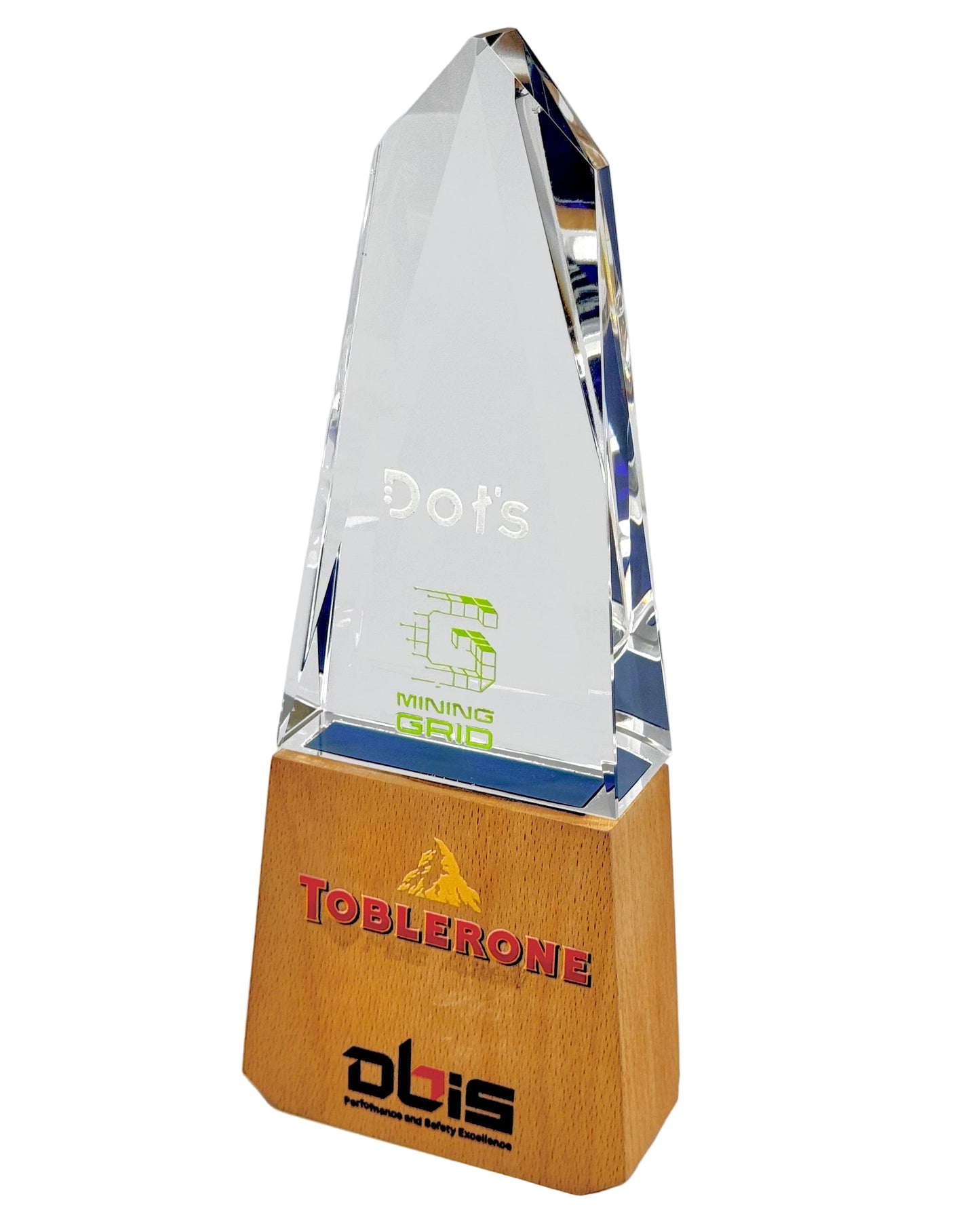 Elegant crystal and wood award trophy with a modern geometric design.