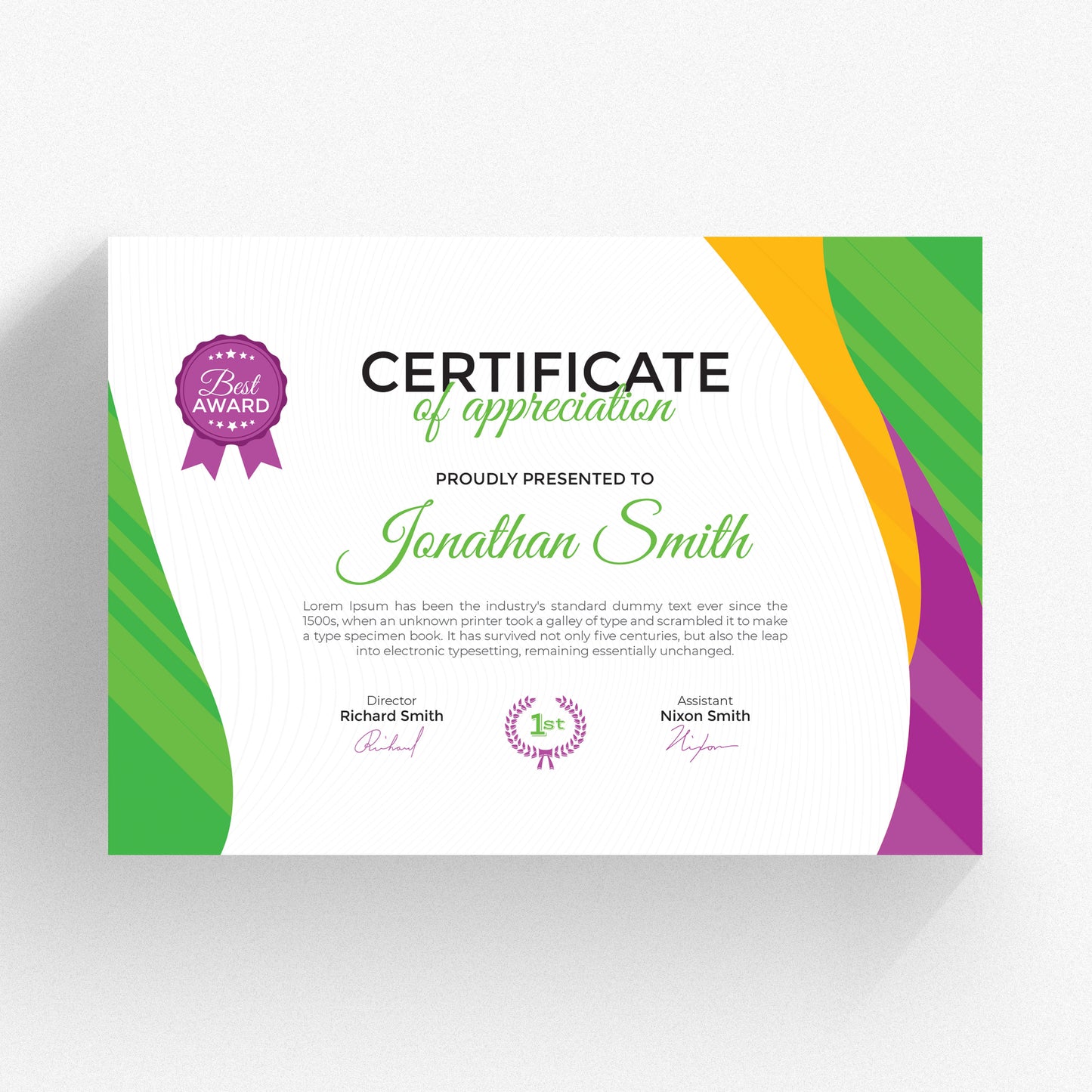 Printed school certificate with student name and award details