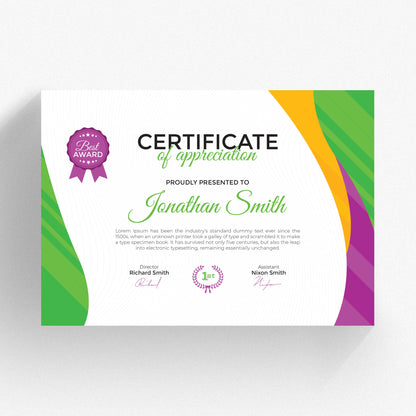 Printed school certificate with student name and award details