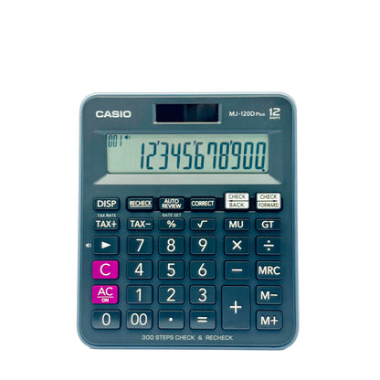 Blue Casio desktop calculator showing digits 12345678900 on screen