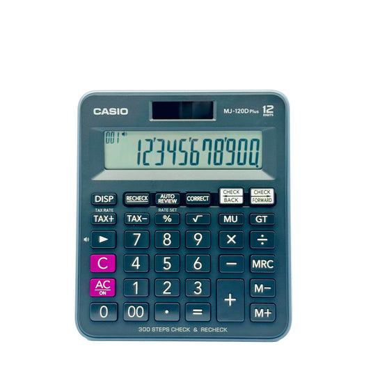 Blue Casio desktop calculator showing digits 12345678900 on screen
