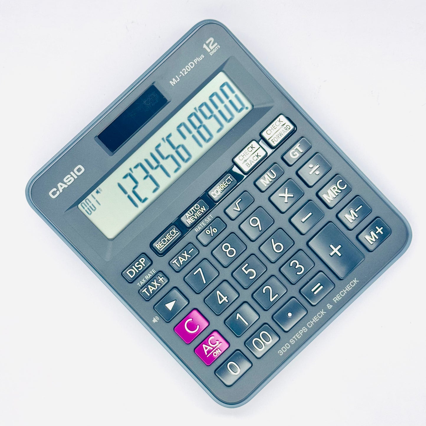 MJ-120D Plus calculator top view — solar panel and numeric keypad