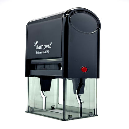 High-capacity self-inking stamp with clear base for business documents
