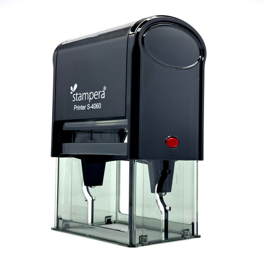 High-capacity self-inking stamp with clear base for business documents
