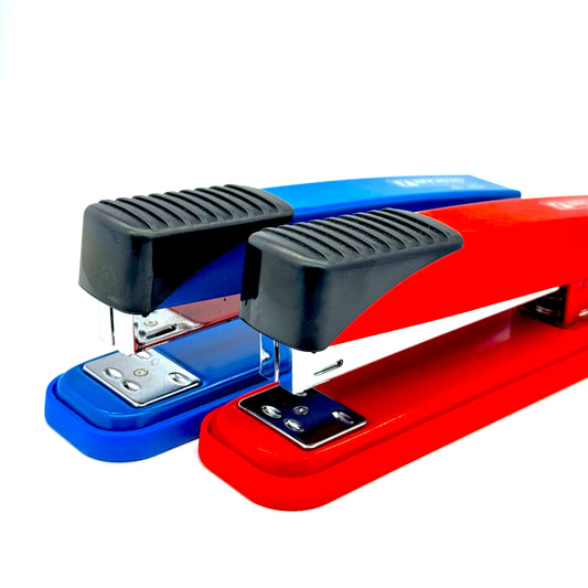 Heavy-duty red desktop stapler on display