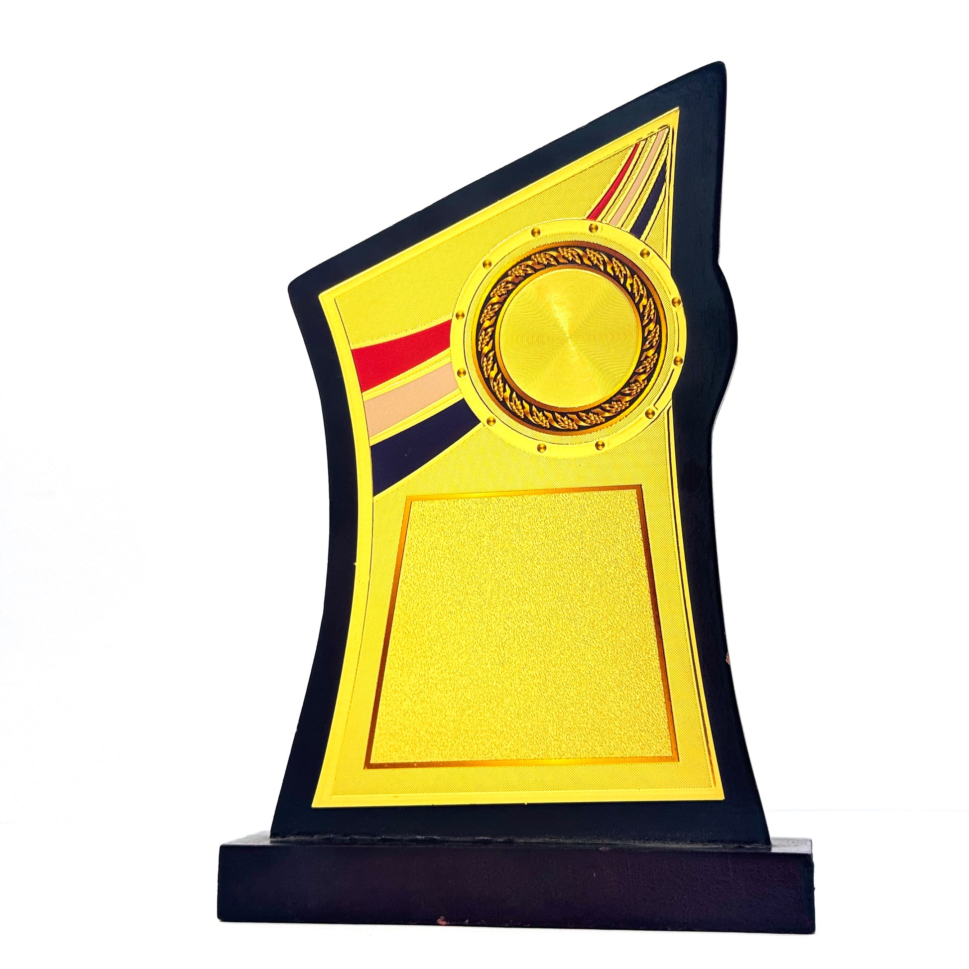 Custom black and gold abstract trophy with printed plaque